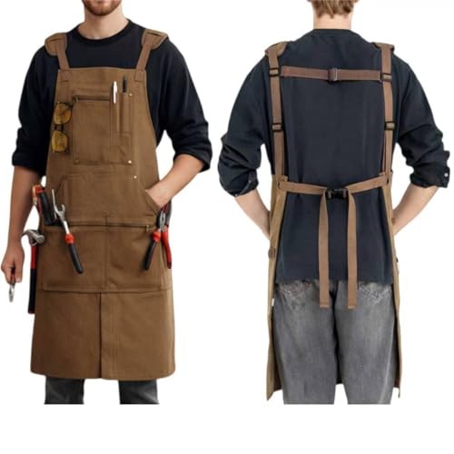 VanHuavic Woodworking Aprons for Men, Waxed Canvas 20oz Tool Apron (11 Pockets) – Adjustable Woodwork & Welding Apron, Shop & Tool Aprons for Carpenter, Blacksmith, Workshop, Garage