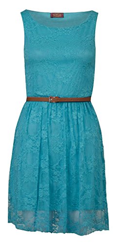 Forever Womens Sleeveless Floral Lace Belted Skater Dress