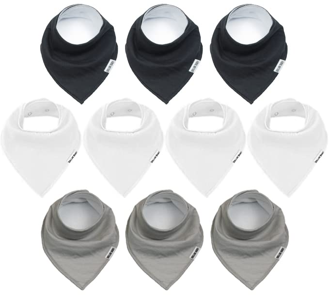 Image of Dollarbaby Bandana Drool Bibs 10 Pack Solid Basic Color Baby Bibs for Boys, Girls, Unisex for Teething and Drooling (Black, Gray & White)