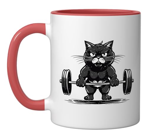 Cat Deadlifting Funny Fitness Gym Workout Cat Lovers Ceramic Mug, Red/White