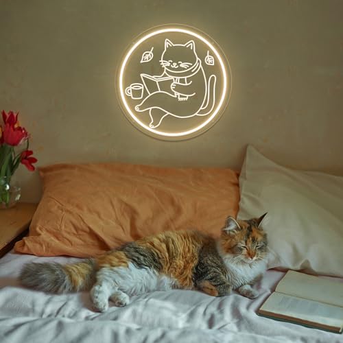 Image of Cat Neon Signs,Cool Reading Cat Led Signs for Bedroom Wall Decor Anime Reading Nook Light Neon for Home Party Room Decor Animal Lover Gifts Cat Wall Art