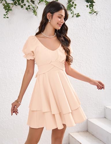 Women‘s Summer Lantern Sleeve A-Line Casual Mini Dresses Double-Layer Sleeves V-Neck Dress (US, Alpha, Large, Regular, Regular, Fleshcolor) — view 2