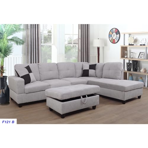 Maykoosh Modern Muse Furniture L Shape Sectional Sofa Sets with Removable Ottomans and Waist Pillows for Living Room, White Grey