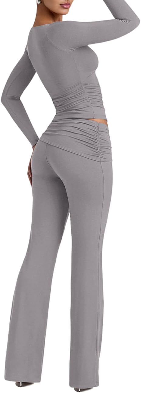 Lrady Womens 2 Piece Outfits Lounge Sets Lightweight Long Sleeve Crop Tops Fold Over Flare Pants Tracksuits
