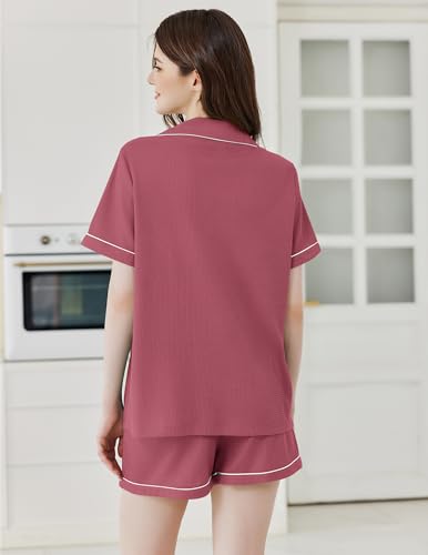 Image of Ekouaer Womens Waffle Knit Pajama Sets Soft Short Sleeve Button Down Sleepwear Cozy 2 Piece Pjs Shorts Set