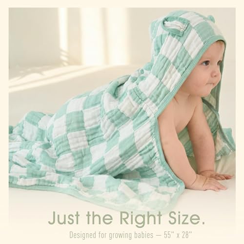 Image of Ultra-Soft Muslin Toddler Hooded Towel - 55 x 28 Inches, Ideal for Bath & Beach, Suitable for Both Boys & Girls from Newborns to Toddlers Green Check
