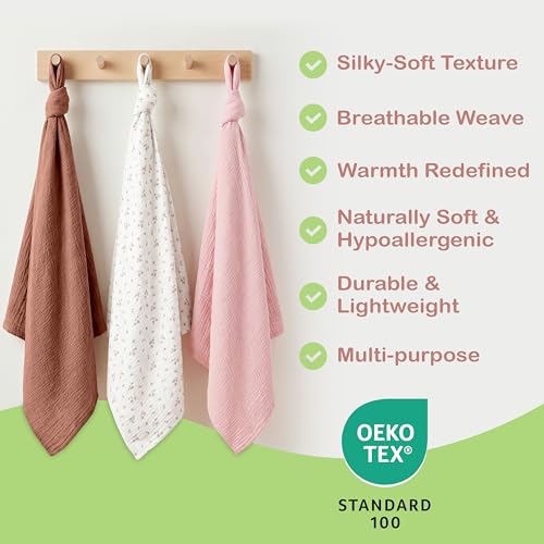 Image of Organic Muslin Baby Blanket 3 Pack Clay, Blush & Ivory Floral 38x40 Inch 100% Organic Cotton Oeko-TEX Certified Ultra Soft Swaddle Blanket for Newborn Boys & Girls Boho Nursery