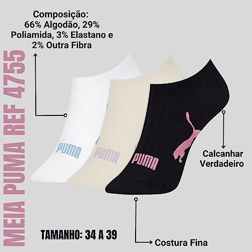 Kit 3X Pares Meia Sapatilha Puma Ref 4755 Cor Branco/Marfim/Preto