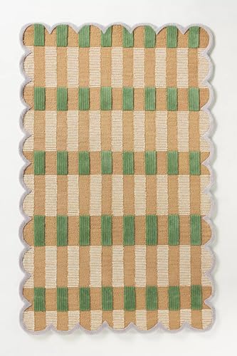 Image of Hand-Tufted Wool Area Rug with Scalloped Edges, Beige and Green Plaid Pattern, Cozy and Soft Accent Rug for Living Room, Bedroom, and Nursery, Handmade Decorative Rug, 8x11 Ft