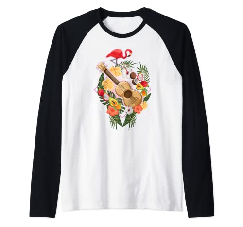 Ukulele Flamingo Guitar Hawaii Camiseta Manga Raglan