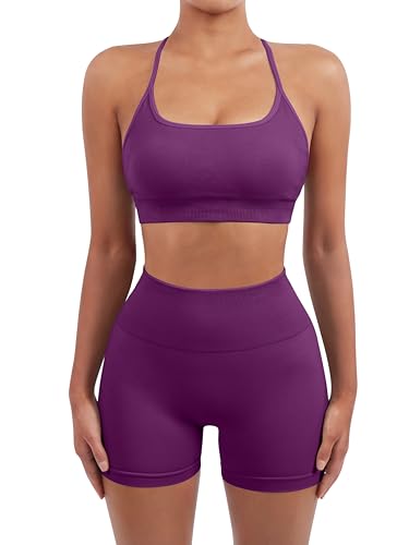 SUUKSESS Women Seamless 2 piece Workout Sets Strappy Padded Sports Bra Booty High Waisted Shorts Outfits (Deep Purple,XS) - Thumbnail 2