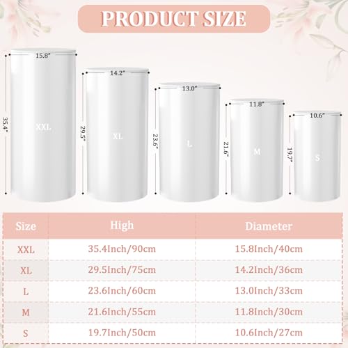 White Cylinder Pedestal Stands for Party- 5 Pieces , Large White Cake Stand, Pedestal Display Plinth Pillars for Wedding Ceremony Birthday Party Art Decor-- 15.7*35.43''(L),14.17*29.5''(M),12.99*23.6''(S), 21.6*11.8"(XS), 19.68*10.6"(XXS)
