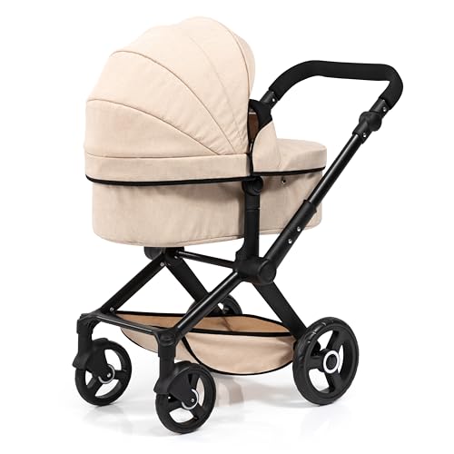 Bayer Design 17075AA Puppenwagen Xeo mit Tasche, höhenverstellbarer Griff, Schwenkschieber, wandelbar als Puppenjogger, bewegliche Vorderräder, integrierter Korb, Beige