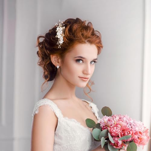 4 Stück Gold Hochzeit Haarkamm Perle Braut Haarschmuck Strass Brautschmuck Kamm Haarspange für die Braut Brautjungfer - Weiße