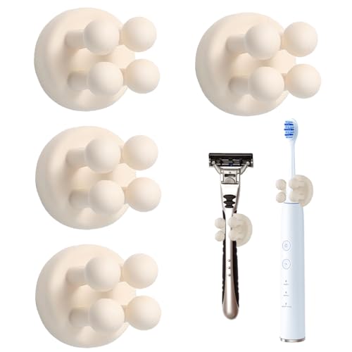 4 Pcs Razor Holder for Shower, Razor Holder, Shower Razor Holder, Multi-Function Hook Waterproof self Adhesive Single Toothbrush Hook Plug Holder for Kitchen/Bedroom/Living Room