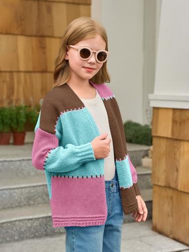 Haloumoning Girls Color Block Cardigan Sweaters Kids Chunky Open Front Knitted Sweater 5-14 Years3