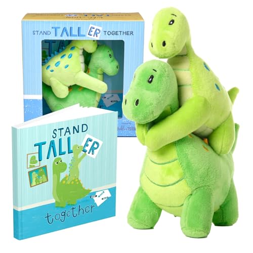 Tickle & Main Big Brother & Little Brother Dinosaur Stuffed Animal Gift Set - 3-Piece, Green - Plush Dinosaurs (7 in & 5.5 in) with Stand Taller Together Storybook - Gift for Boys