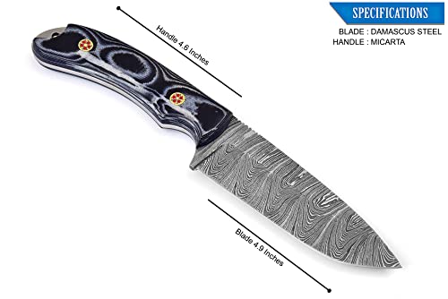 BG Knives 9.5" Overall Length Handmade Damascus Steel Fixed Blade Knife For Hunting, Skinning With Micarta Handle And Leather Sheath M-182