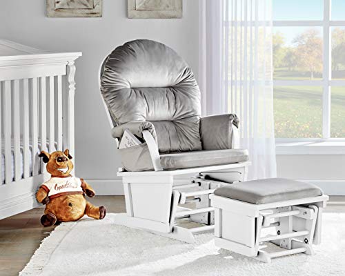 Glider and Ottoman White Wood and Gray Fabric