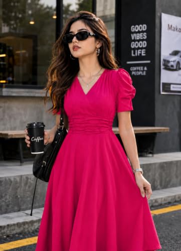 Image of Preneum Girl's & Women's Solid Color V-Neck A-Line Maxi Dress for Women | New Year Party Outfit | Waist Cinched Puff Sleeve Western | Elegant Casual Wear (Availble in Plus Size)
