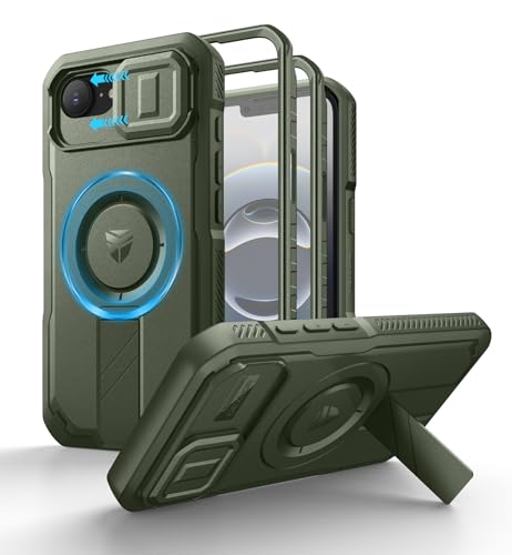 Dexnor Coque Compatible avec iPhone 16E Magnétique avec Couverture de Caméra Coulissante & Support Réglable & Film de Protection D'écran Intégré, Boîtier de Pare Chocs Robuste - Vert Militaire