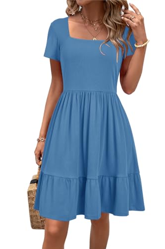 Image of Newshows Women's 2026 Summer Casual Square Neck Ruffle A Line Beach Vacation Sundress Work Business Dress with Pockets