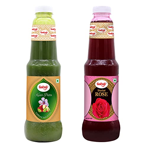 Image of Shree Guruji Kesar Pista Dry Fruit Syrup and Rose Sharbat Combo Pack Milk Beverage Instant Refreshing for Summer Instant Drink (1 Litre)