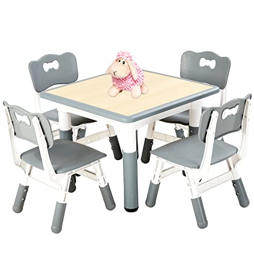 Image of FUNLIO Kids Table and 4 Chairs Set, Height Adjustable Toddler Table and Chair Set for Ages 3-8, Easy to Wipe Arts & Crafts Table, for Classrooms /Daycares /Homes, CPC & CE Approved (5-Piece Set) - Gray