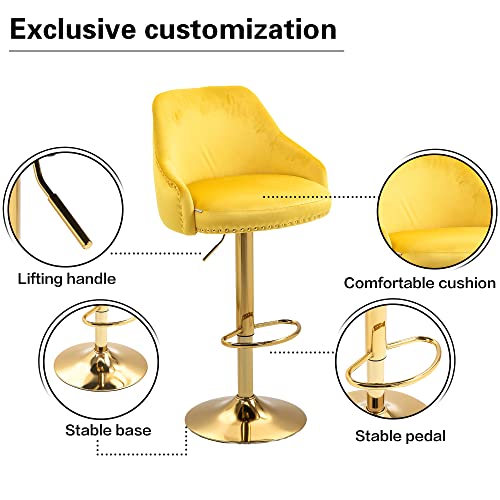 Qqu Modern Bar Stools 360°Swivel Velvet Adjustable Counter Bar Stool With Arm, Back And Footrest Modern Upholstered, Barstools For Kitchen Island, Cafe, Pub, Bar Counter(Yellow) #TOP4