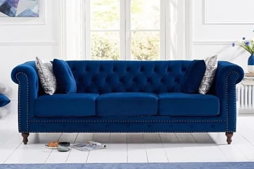Image of Modern and Stylish 3 Seater Chesterfield Luxury Sofa with Valvet and Fabric Comfortable Sofa for Living Room, Dining Room, Hallway, and Office-(Blue).