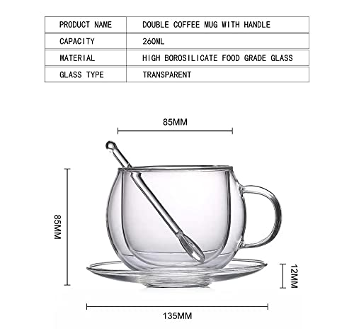Double Wall Glass Coffee/Tea Mugs With Handle, Saucer And Glass Stirring Spoon- 8.7Oz - Set Of 2 - The Perfect Coffee/Tea Cups Affogato Cup #TOP4