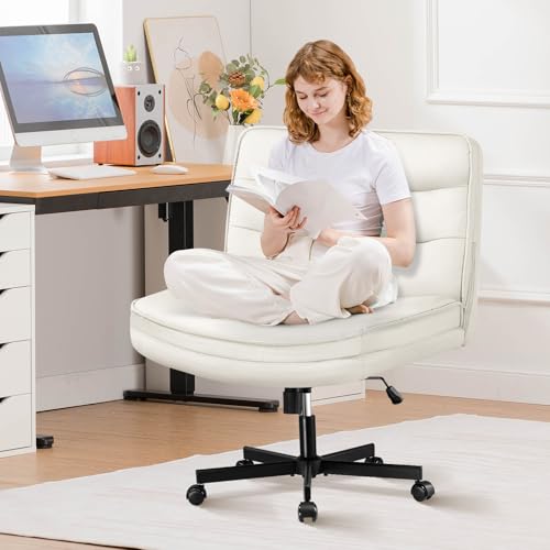 GTPLAYER Criss Cross Legged Office Chair with Wheels, Extra Wide Armless Comfy Desk Chair for Home Bedroom, 2 Layer Cushion Large Seat & Back Support X-Legged Chair, Beige PU Leather Adjustable Height