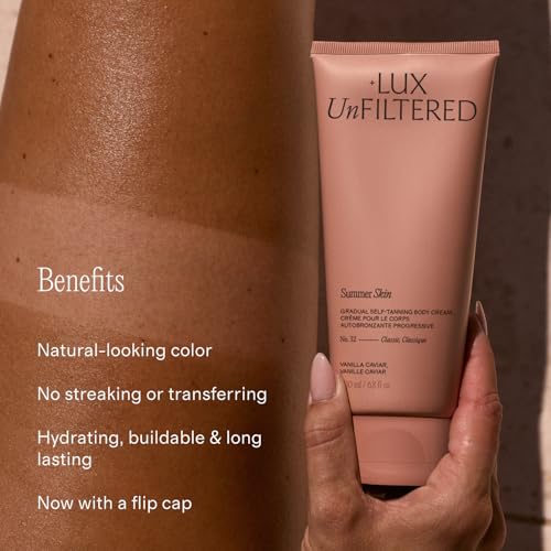 Image of + Lux Unfiltered N32 Summer Skin Classic Gradual Self Tanner, Hydrating Self Tanning Lotion - Shea Butter & Squalane - Non-Sticky, No Transfer, Natural-Looking - Vegan Sunless Tanner - Vanilla Caviar