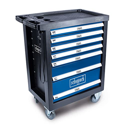 Scheppach Werkstattwagen TW1100 Werkzeugwagen Werkzeugkasten mit 4 Rollen | 7 Schubladen - inklusive 70-TLG. Werkzeugset | abschließbar und mobil
