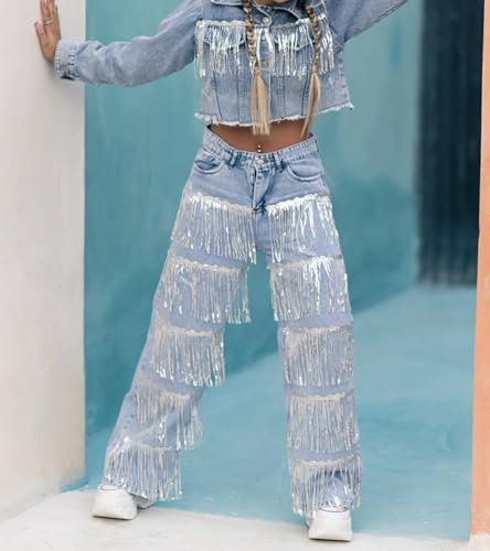 Famnbro Womens Sequin Tassels Jeans Baggy Y2K High Waisted Straight Wide Leg Fringe Raw Hem Denim Pants4