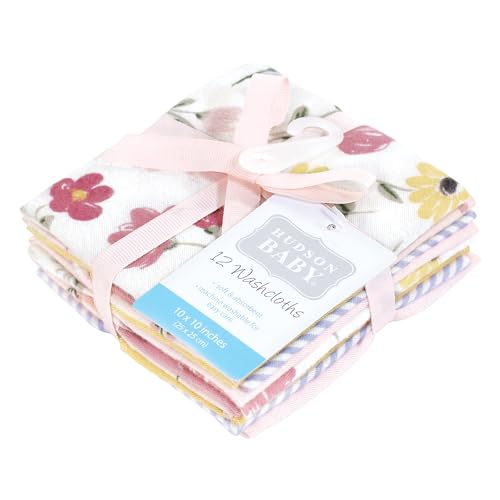Image of Hudson Baby Unisex Baby Flannel Cotton Poly Washcloths, Soft Painted Floral 12 Pack, One Size