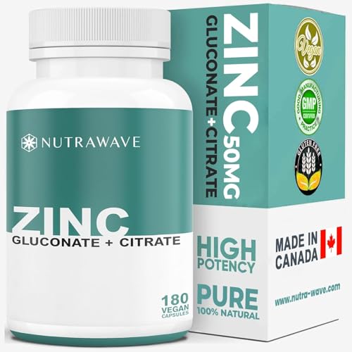 Nutrawave 2-in-1 Zinc Supplement | 50mg Zinc Gluconate + Citrate | All Natural Formula | Vegan | 6-Month Supply