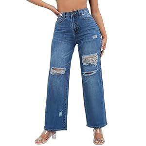 LONGBIDA Ripped High Waist Loose Wide Straight Leg Jeans for Women Stretchy Distressed Denim Pants with Pockets