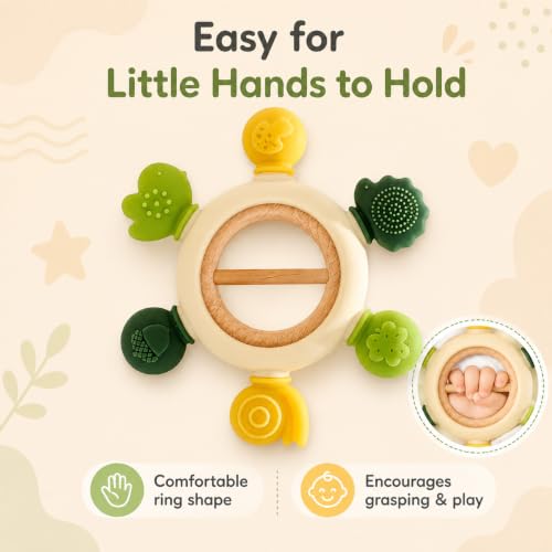 Baby Teether Rattle Toy with Silicone Textured Teething Pieces & Wooden Ring, Montessori Sensory Toy, Easy-Grip BPA-Free Teether for Infants 3–12 Months image 5