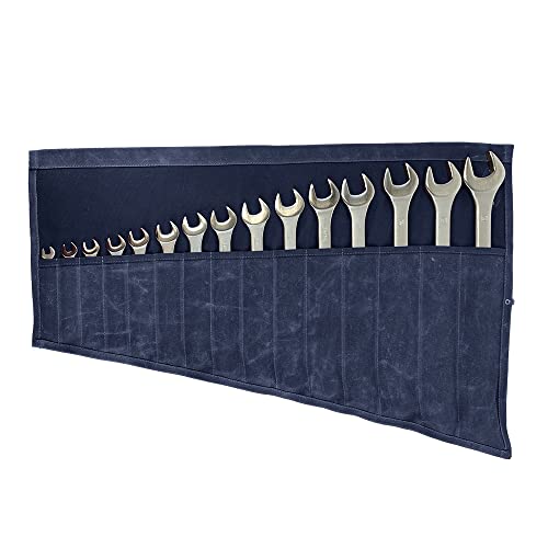 Hide & Drink, Large Wrench Tool Roll with 15 Pockets, Portable Pouch, Rectangular Case, Storage for Craftsmen, Waxed Canvas, Handmade, Blue Mar