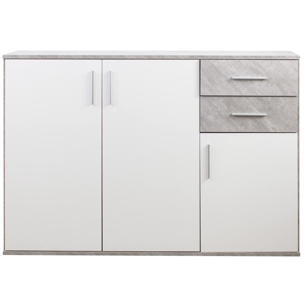 BAKAJI Madia Armadietto Armadio 3 Ante 2 Cassetti, Mobile Mobiletto Design Minimal Camera da Letto, Soggiorno, Arredamento Casa Ufficio, Resistente Robusto Multiuso (Cemento e Bianco)