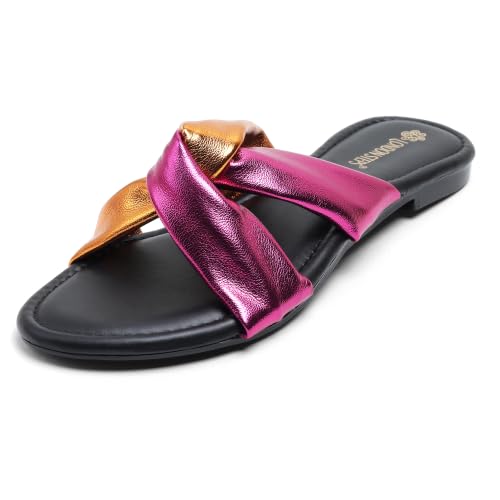 Image of Women's Cross Strap Slide Sandals | Soft Cushioned Flat Slip-On Slippers | Lightweight Anti-Skid Casual Comfort Sandals for Everyday Wear