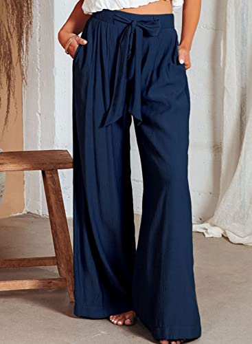 Dokotoo 2023 Linen Pants For Women Ladies High Waist Wide Leg Pant With Tie Front Spring Summer Long Straight Solid Beach Sport Trousers Belted Pocketed Pants Blue S #TOP1