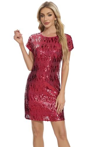 Image of Women's Crewneck Sequin Shift Dress Short Sleeve Casual Holiday Sparkly Party Dress