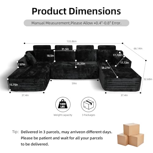 Image of 134 inch Boneless Couch for Living Room, Oversized U Shaped Modular Cloud Sofa with Deep Seat, 6 Seater Convertible Memory Foam Couches, No Assembly Plush Corduroy Sofa (Black)