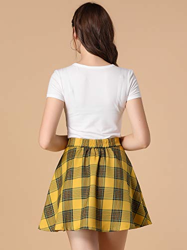 Allegra K Women's Tartan Plaid High Waist Zip Up Flowy A-Line Casual Skater Short Pleated Skirt Large Yellow #TOP4