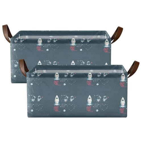 Fygkptb Valentine's Day Moon Stars Astronaut in Space Rocket Universe Style 2 PC Rectangle Foldable Frame Basket Leather Handles Storage Bin for Laundry Bathroom Organizer 16.9 x 11.4 x 7.7 inch