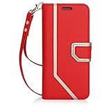 FYY Leather Case with Mirror for Samsung Galaxy S8, Leather Wallet Flip Folio Case with Mirror and Wrist Strap for Samsung Galaxy S8 Red