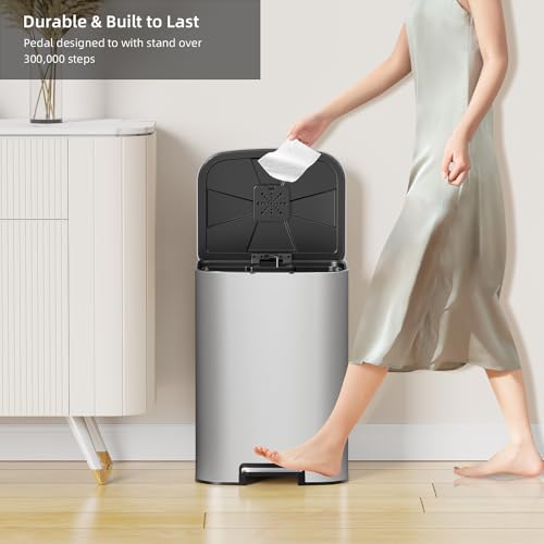 Image of KUK 5.3 Gallon Kitchen Trash Can with Lid, Heavy Duty Hands-Free Stainless Steel Commercial Step Trash Bin with Removable Inner Bucket, Pedal Rubbish Bin for Home Office and Kitchen, 20L /5.3Gal