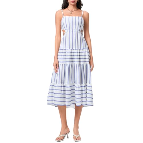 Image of Owl's-Yard Women's Striped Long Dress Summer Sleeveless Spaghetti Strap Front Pocket Dress Flowy Beach Sundress Clubwear